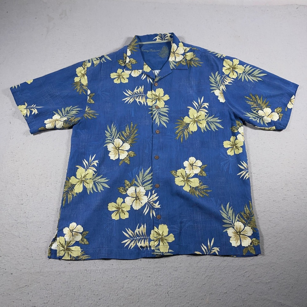 Tommy Bahama Shirt Men‎ L Blue Floral Silk Hawaiian Camp Tropical Resort Casual